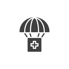 Air Drop With Parachute vector icon. filled flat sign for mobile concept and web design. Medical Relief Supplies glyph icon. Symbol, logo illustration. Vector graphics
