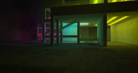 Abstract architectural concrete and white interior of a minimalist house with color gradient neon lighting. 3D illustration and rendering.