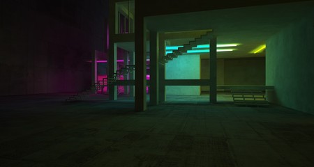 Abstract architectural concrete and white interior of a minimalist house with color gradient neon lighting. 3D illustration and rendering.