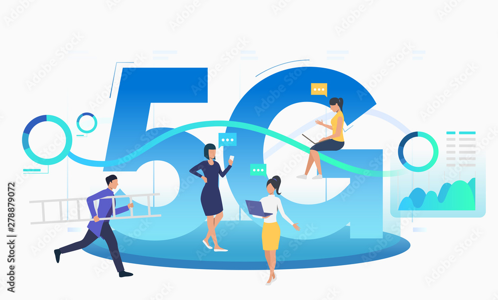 Poster team communicating and using 5g network. running support operator carrying ladder. technology concep
