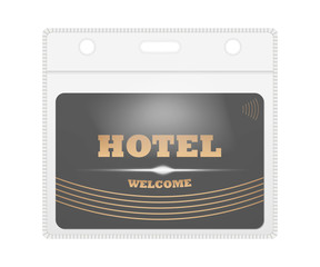 Clear plastic card holder with hotel keycard inside, vector template. Horizontal PVC transparent badge sleeve envelope