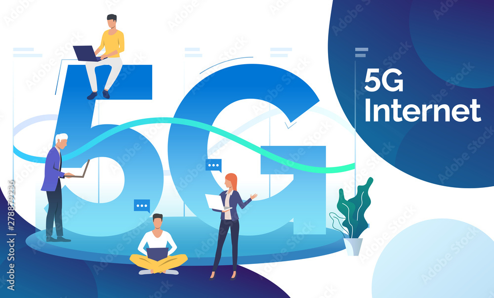 Poster professionals using fifth generation network. 5g internet, telecommunication, interacting. technolog