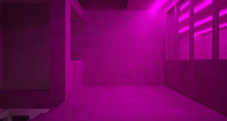 Abstract architectural concrete and white interior of a minimalist house with color gradient neon lighting. 3D illustration and rendering.