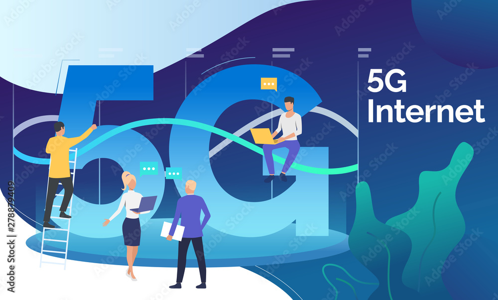 Poster technical developers working on 5g network project. fifth generation, wifi connection, telecom. tech