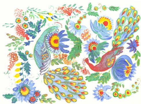 Drawing with watercolors: National Ukrainian painting - colorful peacocks, bright flowers and red berries.