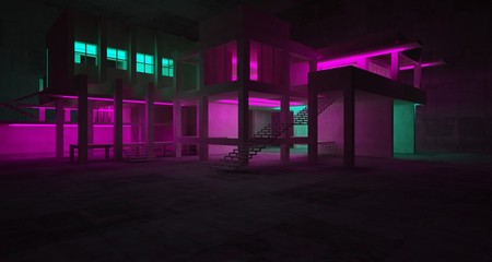 Abstract architectural concrete and white interior of a minimalist house with color gradient neon lighting. 3D illustration and rendering.