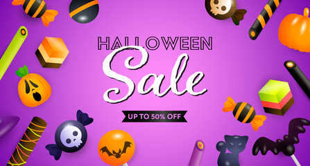 Halloween Sale lettering with confectionery. Invitation or advertising design. Handwritten and typed text, calligraphy. For leaflets, brochures, invitations, posters or banners.