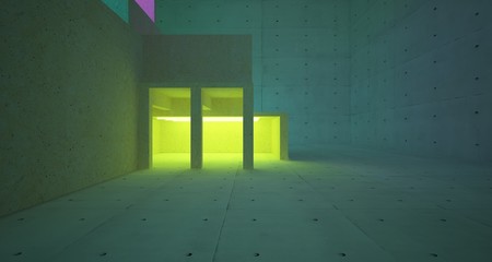 Abstract architectural concrete and coquina interior of a minimalist house with color gradient neon lighting. 3D illustration and rendering.