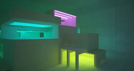 Abstract architectural concrete and coquina interior of a minimalist house with color gradient neon lighting. 3D illustration and rendering.