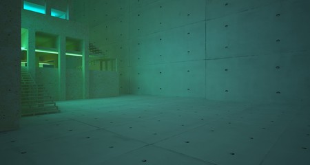 Abstract architectural concrete and coquina interior of a minimalist house with color gradient neon lighting. 3D illustration and rendering.