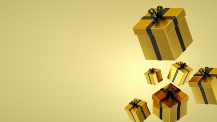 Gold gift boxes with Black ribbon on Gold background. 3D rendering.