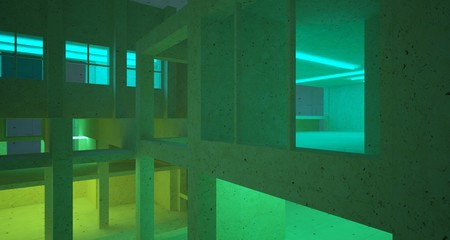 Abstract architectural concrete and coquina interior of a minimalist house with color gradient neon lighting. 3D illustration and rendering.