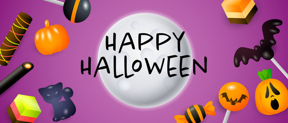 Fototapeta na wymiar Happy Halloween lettering on moon with candies and sweets. Invitation or advertising design. Typed text, calligraphy. For leaflets, brochures, invitations, posters or banners.
