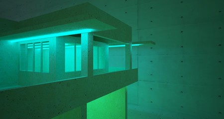 Abstract architectural concrete and coquina interior of a minimalist house with color gradient neon lighting. 3D illustration and rendering.