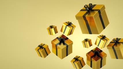 Gold gift boxes with Black ribbon on Gold background. 3D rendering.