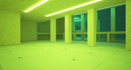 Abstract architectural concrete and coquina interior of a minimalist house with color gradient neon lighting. 3D illustration and rendering.