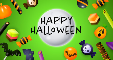 Happy Halloween lettering with moon and confectionery. Invitation or advertising design. Typed text, calligraphy. For leaflets, brochures, invitations, posters or banners.