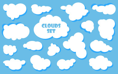Cartoon Blue sky with clouds on the shiny day. Silhouette of white fluffy clouds isolated on blue background. Vector set  