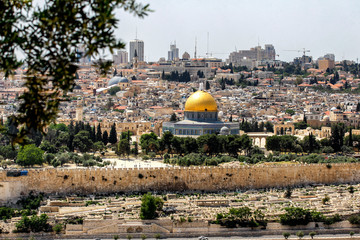 View to Jerusalem old city from the Mount of Olives, Israel. April 2013