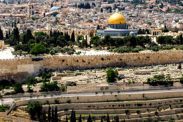 View to Jerusalem old city from the Mount of Olives, Israel. April 2013