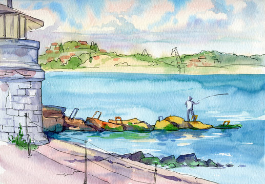 Beautiful watercolor landscape. View of the sea and fisherman in the port. Southern Bay of Sevastopol. Crimea.