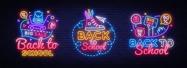 Big collectin neon signs for Back to School. Neon Banner Vector. Back to school design template, modern trend design, night light signboard, night bright advertising. Vector illustration