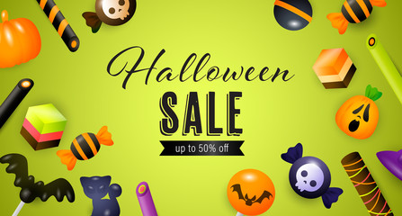 Halloween sale lettering with candies, cakes and sweets. Invitation or advertising design. Handwritten and typed text, calligraphy. For leaflets, brochures, invitations, posters or banners.