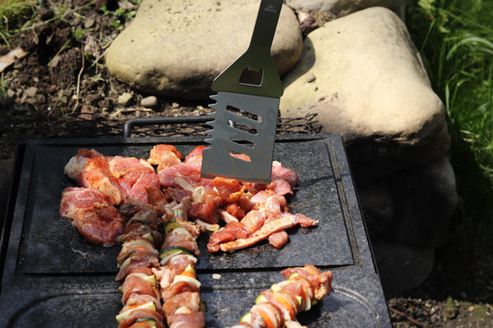 Tasty chicken noodles and meat on iron stick with vegetables on alternated warms on special stone made of garnite.