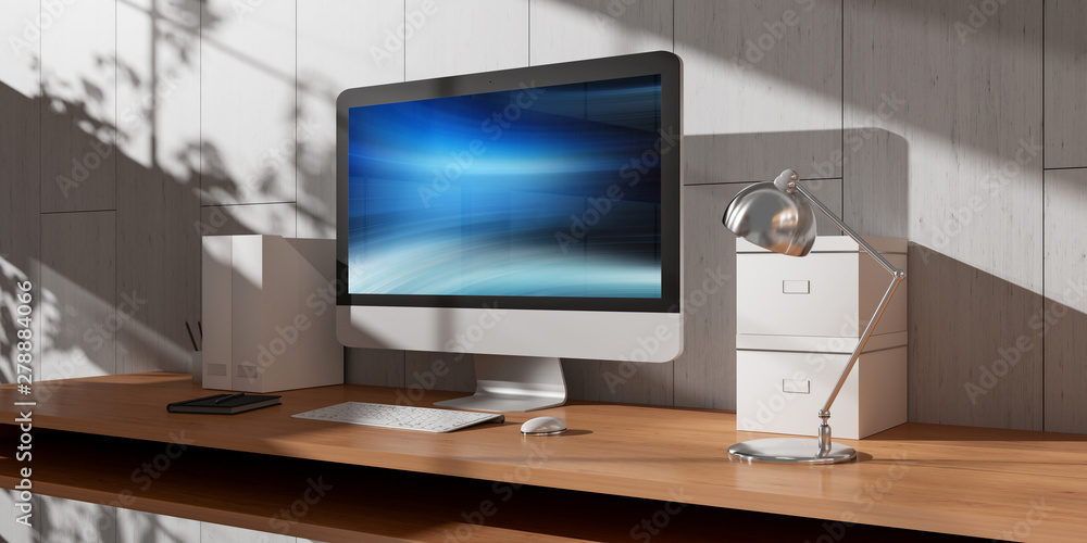 Poster Computer and devices on modern wooden desk interior 3D rendering