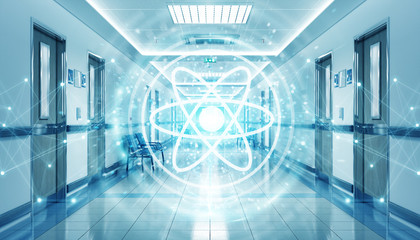 Hospital blue corridor with digital molecules floating in dots connections 3D rendering