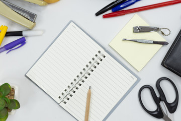 Set of office supplies for work with white background