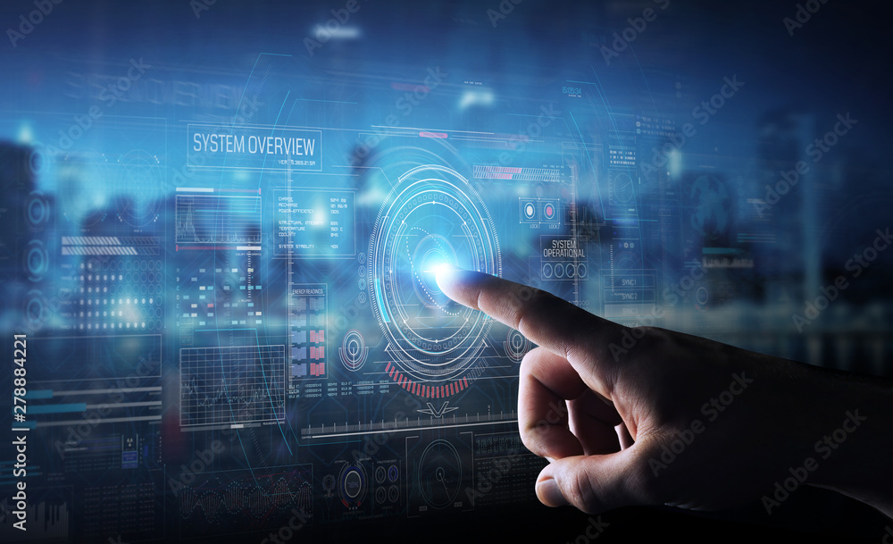 Fototapete businessman using digital technological interface with datas 3d rendering