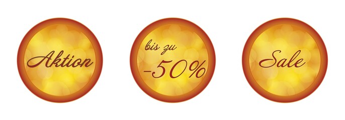Button in orange rot mit Text "Aktion, bis zu -50% und Sale"