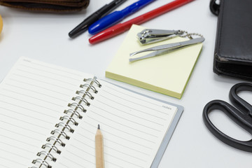 Set of office supplies for work with white background