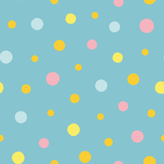 Blue vector repeat pattern with yellow and pink polka dots. Pastel colors. Perfect for paper and textile projects. Surface pattern design.