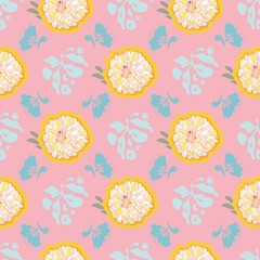 Pink vector repeat pattern with yellow dahlia flower and leaf. Summer floral pattern. Perfect for paper and textile projects.