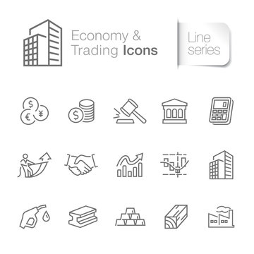 Economy & trading related icons. Bank, industry, finance, stock exchange, crude oil etc.