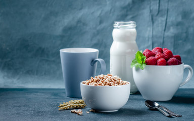 Organic puffed spelt wheat in white bowl with milk and fresh berries for breakfast.