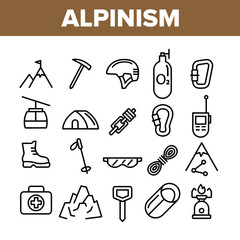 Alpinism And Mountaineering Equipment Vector Linear Icons Set. Alpinism Extreme Hobby Outline Symbols Pack. Mountain Climbing, Hiking Instruments And Tools Isolated Contour Illustrations