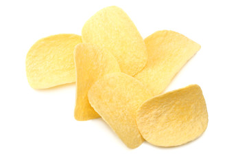 Group of potato chips isolated on white background. top view