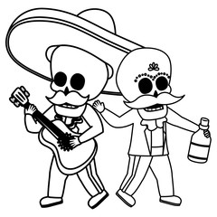 skeletons musician with guitar and tequila viva mexico