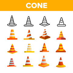 Traffic Orange Cones Vector Color Icons Set. Road Safety Plastic Cones Linear Symbols Pack. Under Construction Caution, Roadworks Warning Sign. Highway Pylon Isolated Flat Illustrations - obrazy, fototapety, plakaty
