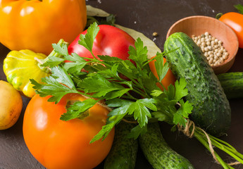 Fresh summer vegetables on the kitchen table. For an article on nutrition or for a recipe.