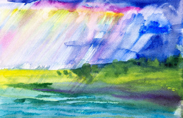 Watercolor illustration of a beautiful summer forest landscape by the lake