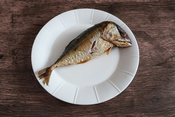 Fried Mackerel on White Dish 
