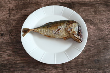 Fried Mackerel on White Dish 
