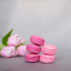 Stack of delicious pink and purple french macarons and blooming tulips on grey background. Copy space