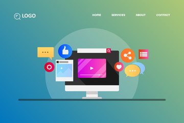 Fototapeta premium Video marketing, social media, content promotion concept with icons and text.