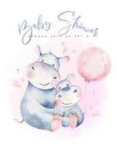 Hand drawn cute isolated tropical summer watercolor hippo animals. hippopotamus baby and mother cartoon animal illustrations, jungle tree, brazil trendy design. Aloha collection.