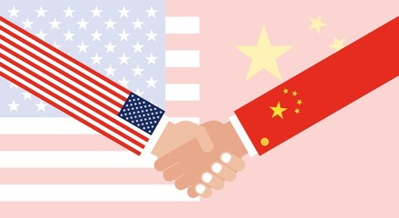 Shaking hands with China flag and United states flag